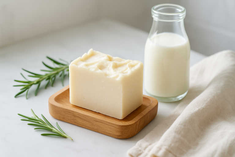 Savon artisanal au lait de chèvre posé sur plateau en bois, ambiance salle de bain naturelle