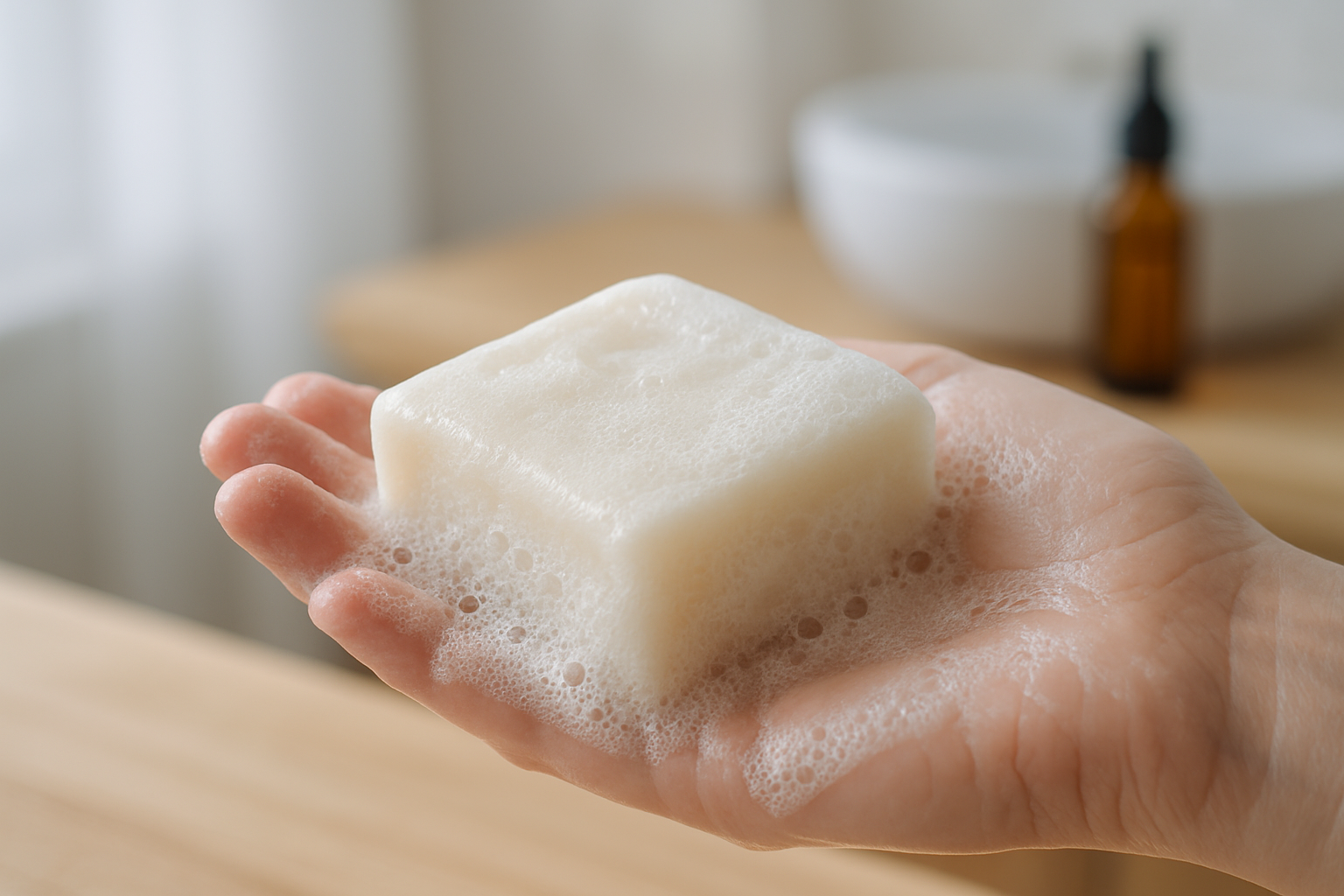 Mousse de savon au lait de chèvre sur la main, montrant texture crémeuse et peau saine