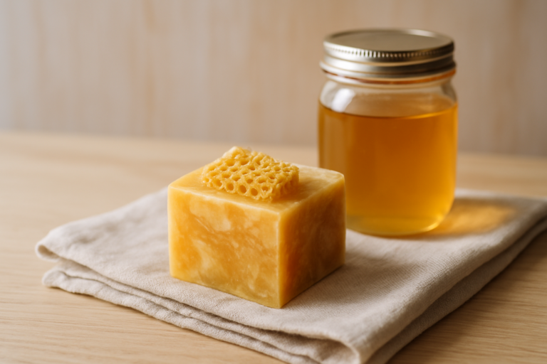 Barre de savon miel bio posée près d’un pot de miel artisanal sur un fond bois.