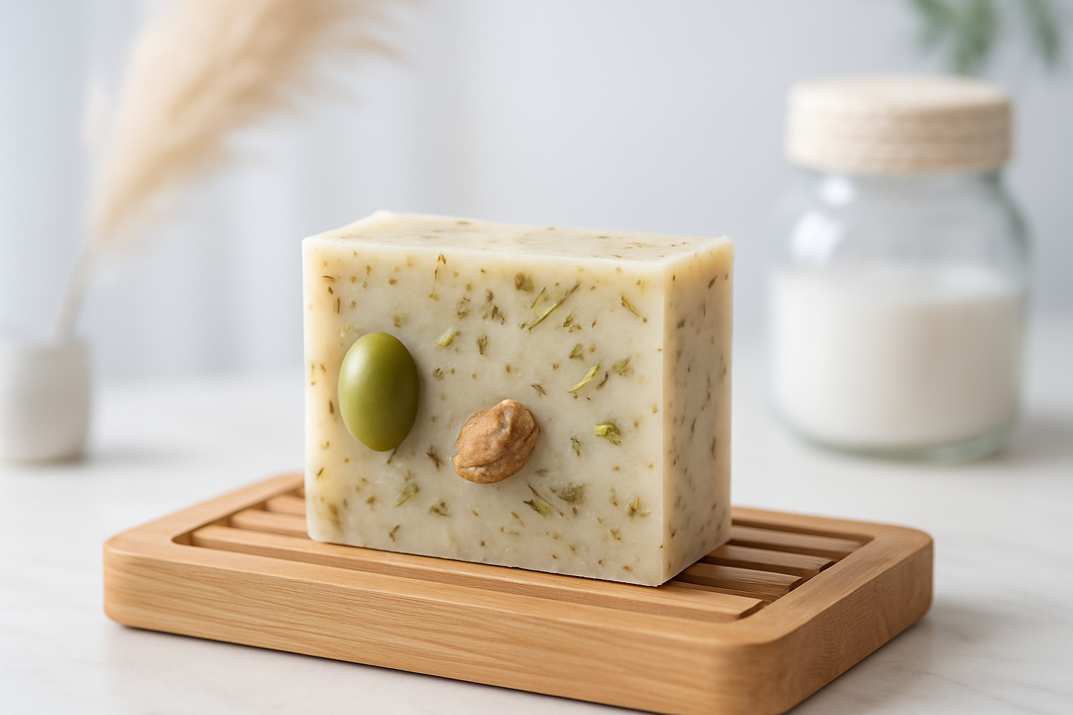 Savon naturel artisanal posé sur un plateau en bois