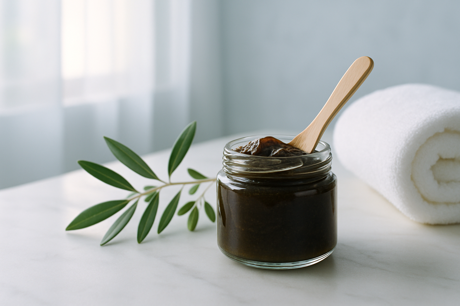 Pot de savon noir crémeux visage avec spatule bois, branches d'olivier et serviette sur table de salle de bain.