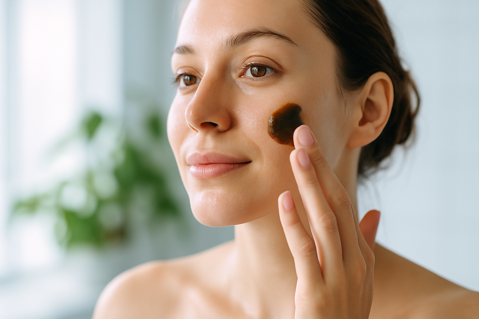Application douce de savon noir visage par une femme sur peau humide, avec décor végétal naturel.