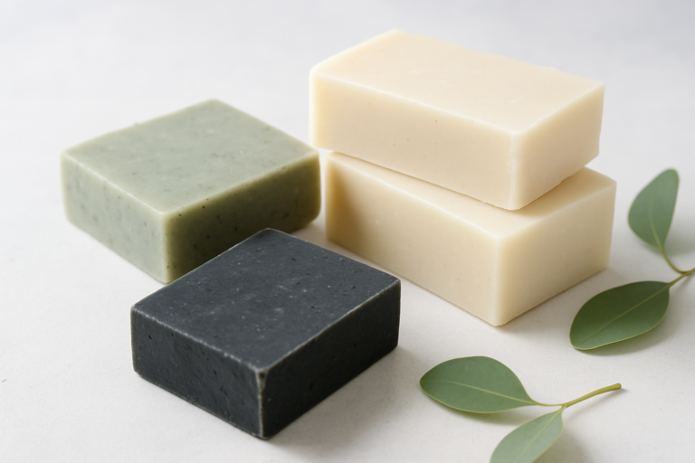 Savons naturels adaptés à la peau grasse avec charbon, argile verte et lait de chèvre présentés sur fond blanc.
