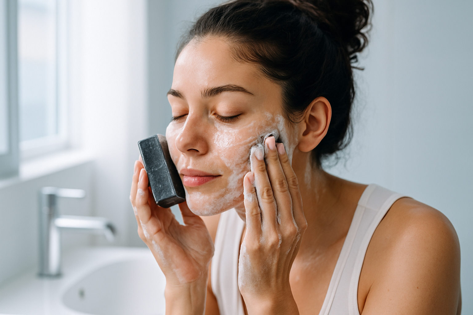 Une personne se lave le visage avec un savon doux au charbon dans une salle de bain moderne.