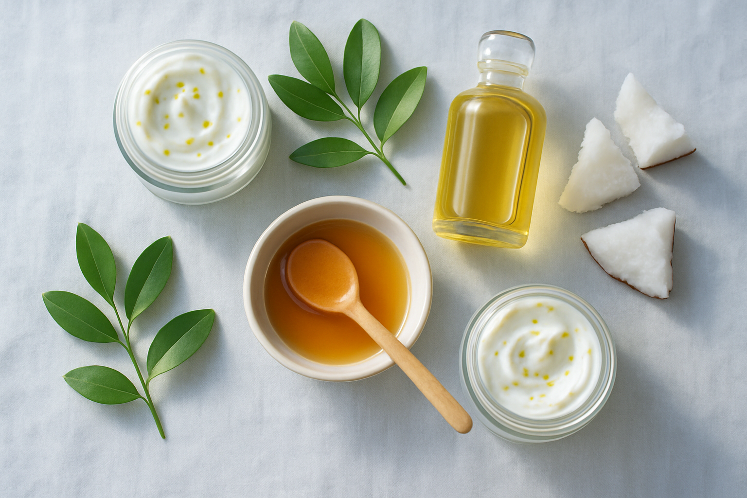 Plateau de soins naturels avec pots crème, huiles, feuilles vertes et miel sur fond lin clair.