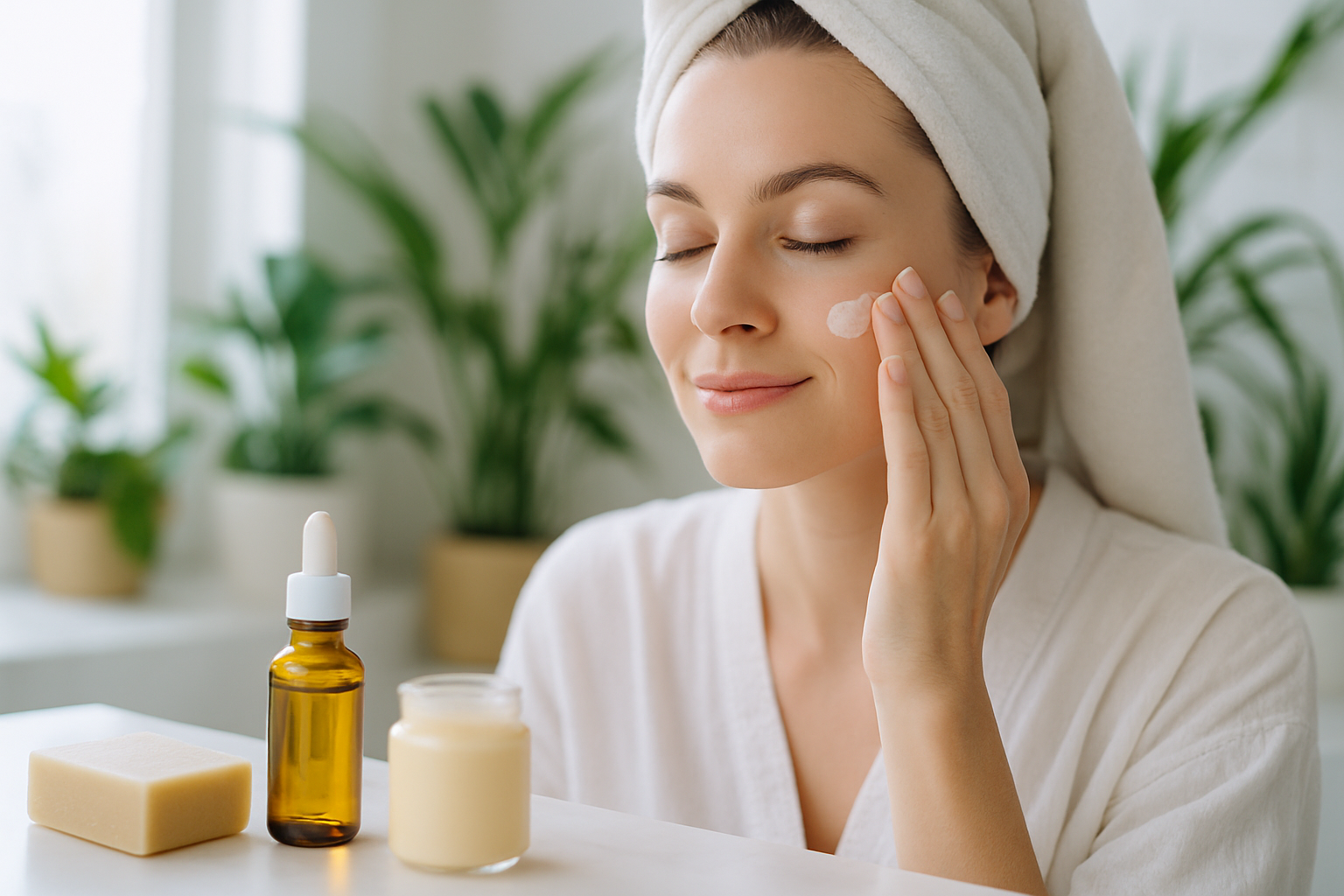 Femme appliquant une crème naturelle, entourée de plantes et produits éco-responsables.