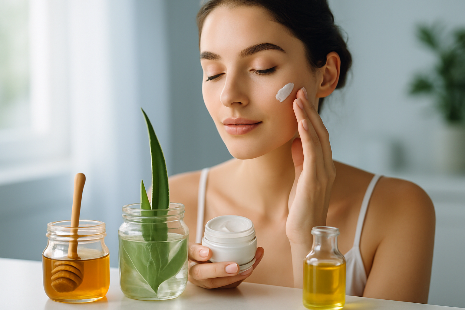 Jeune femme appliquant un soin naturel pour le visage, entourée d'ingrédients végétaux sur une coiffeuse