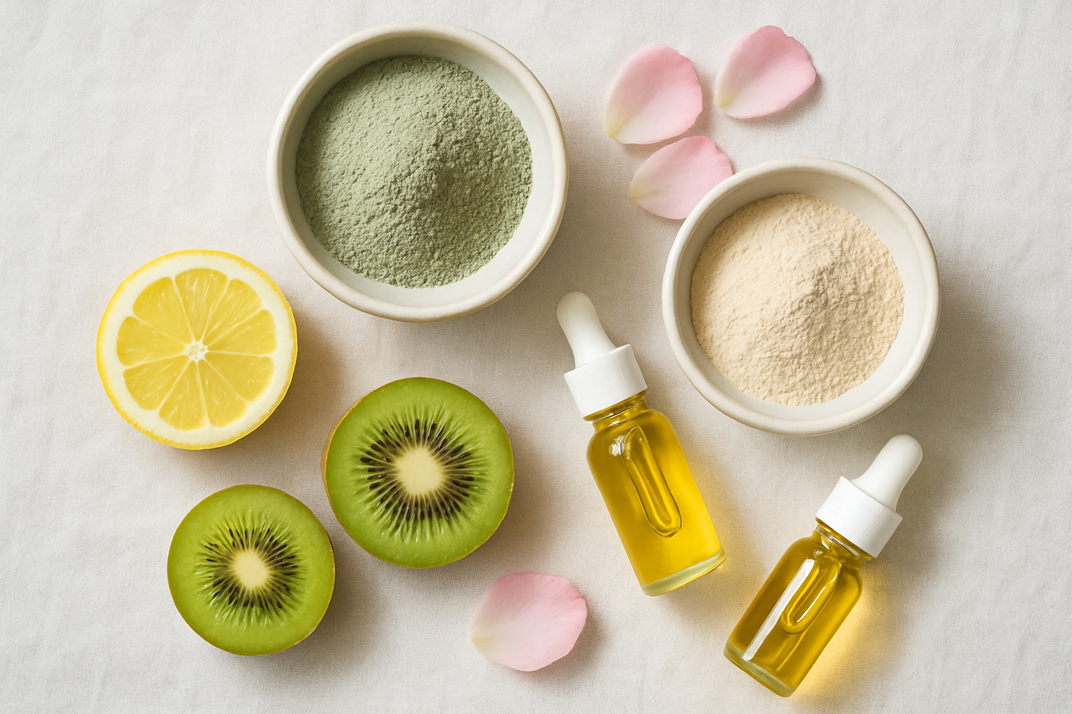 Ingrédients naturels disposés pour préparation de soins visage DIY : argile, fruits, huiles, pétales de rose