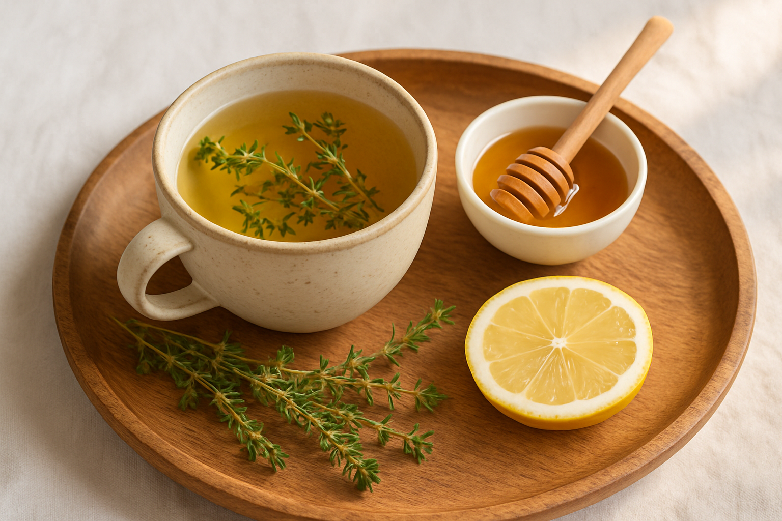 Tasse de tisane de thym et miel avec citron et brins de thym