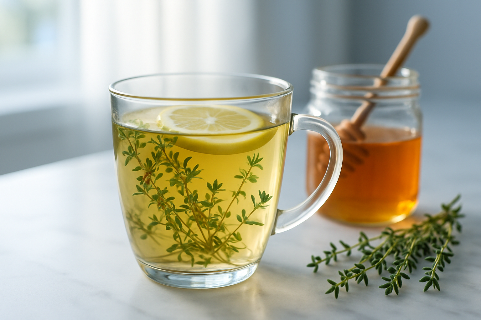 Mug transparent de tisane thym-miel, sur fond de pot de miel et branche de thym