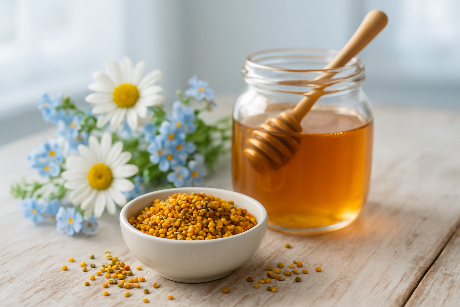 Pollen de fleurs frais présenté avec du miel et des fleurs de saison sur table en bois