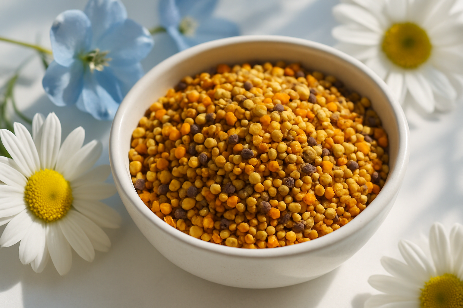 Bol blanc de pollen de fleurs multicolore en détail avec fleurs fraîches alentours